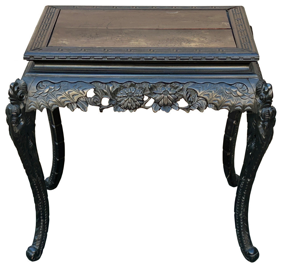 Vintage Chinese Black Relief Floral Carving Claw Legs Side Console Table Hws4812