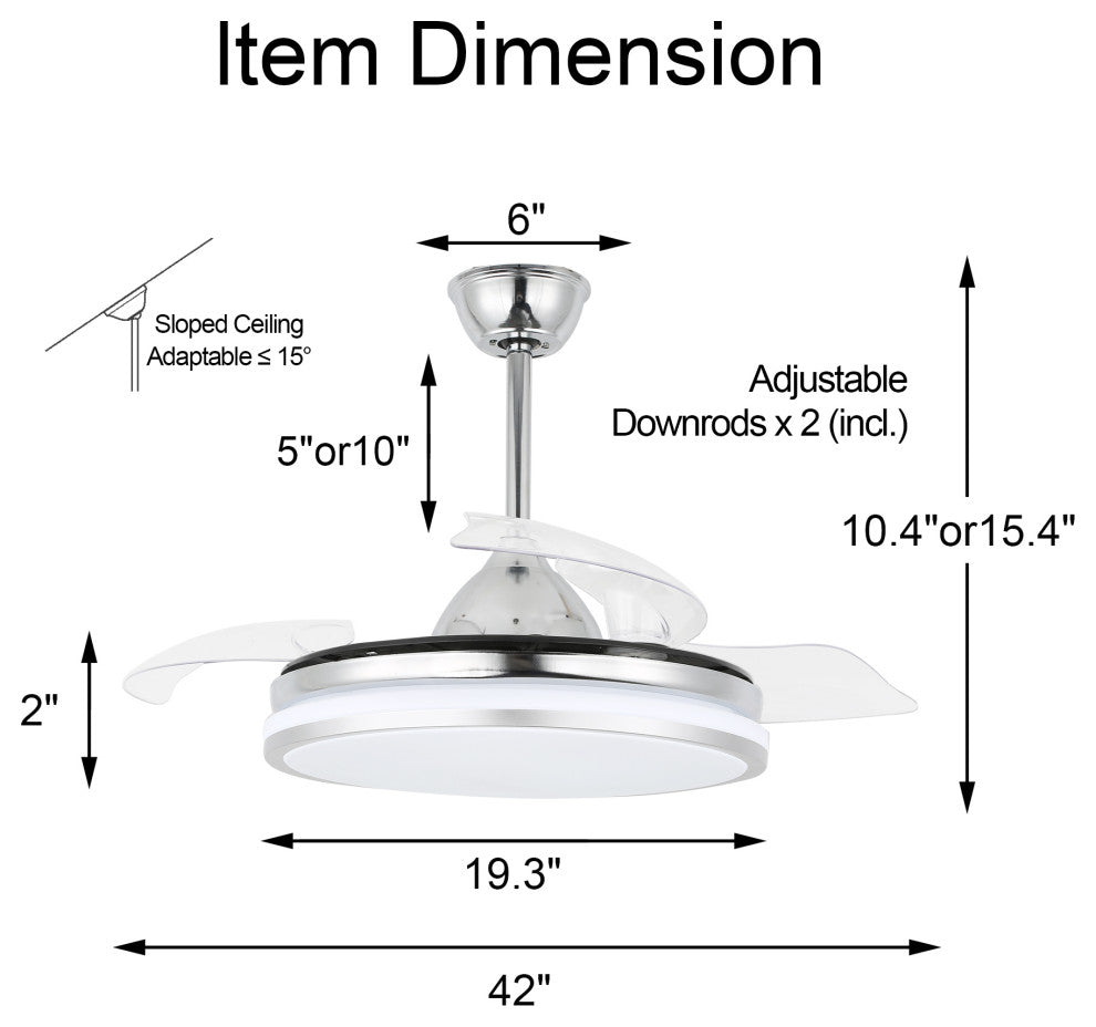 36W Reversible Ceiling Fan with Retractable Blades and Remote Control, Chrome