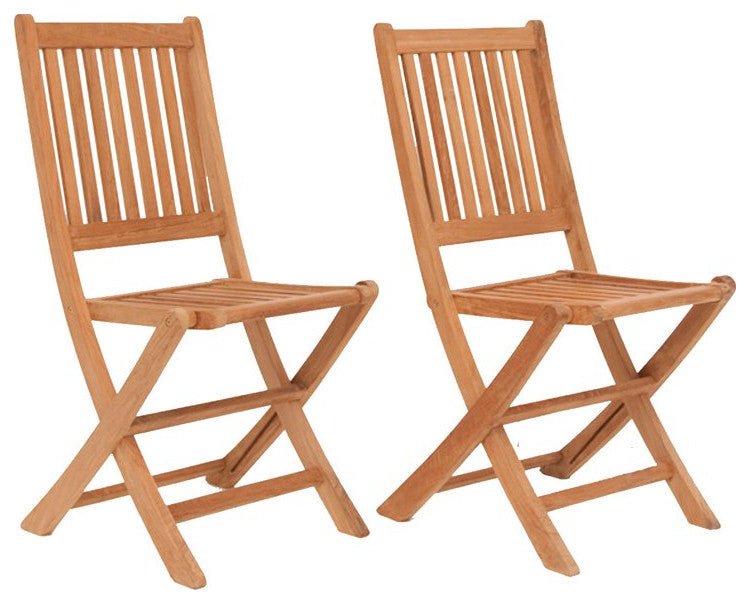 Set of 2 Armless Folding Chair, Teak Wood Construction With Slatted Back, Brown