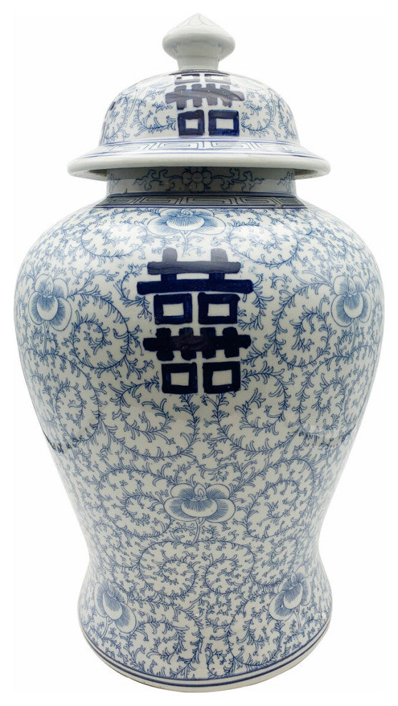 Large Blue And White Temple Jar With Double Happiness Design