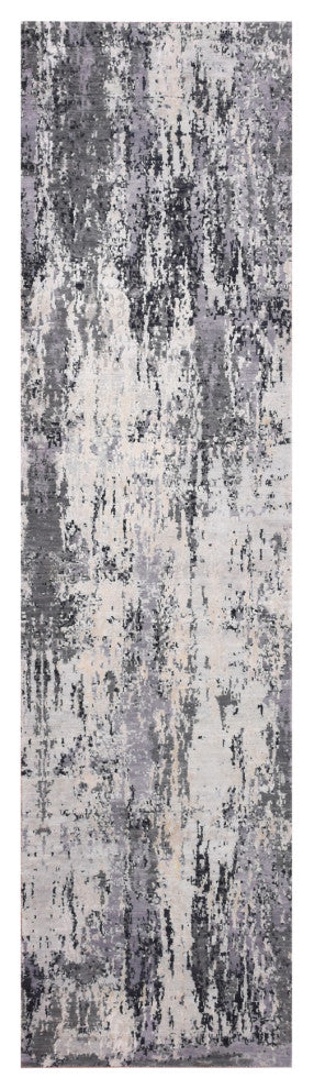 Charcoal Gray Wool and Silk Denser Weave Hand Knotted Runner Rug, 2'7"x10'3"