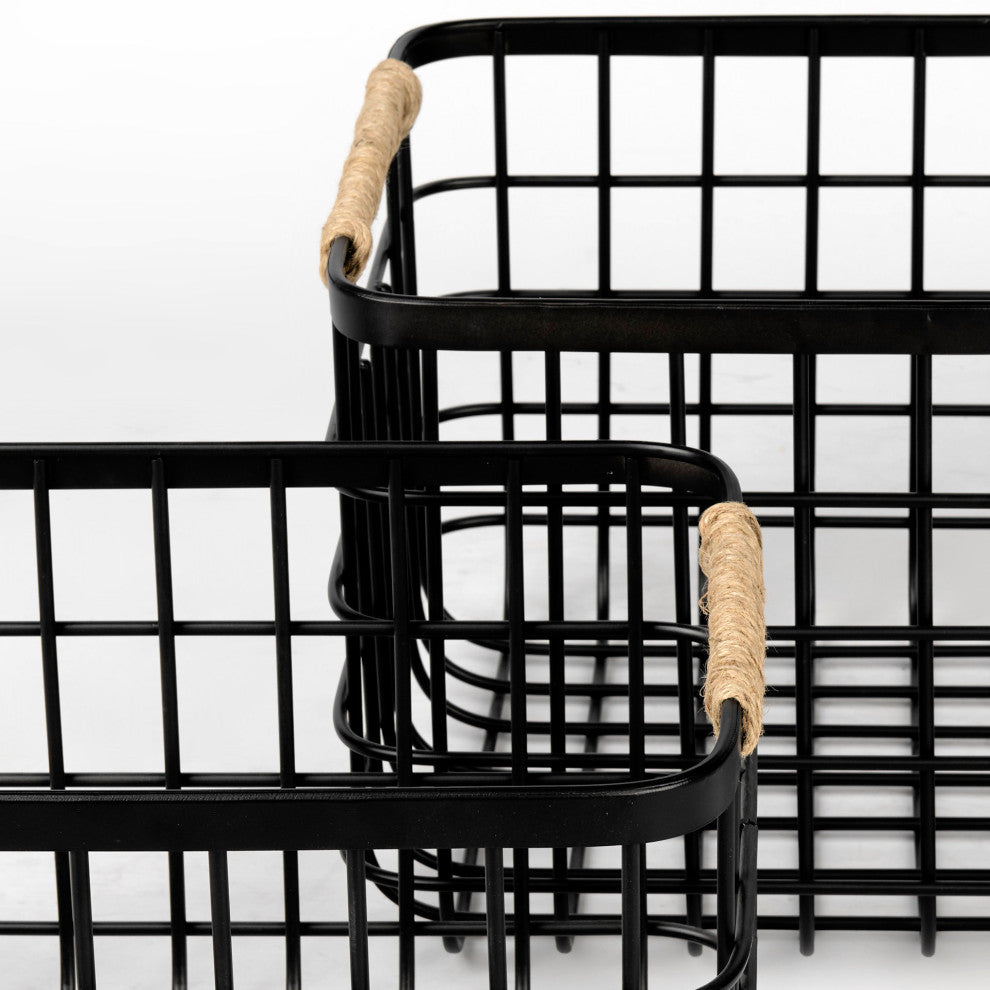 Marius Matte Black Metal w/ Rope Trim Rectangular Baskets (Set of Two)