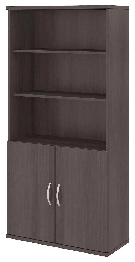 Contemporary Bookcase, Open Shelves & Lower Cabinet With Metal Handles , Gray