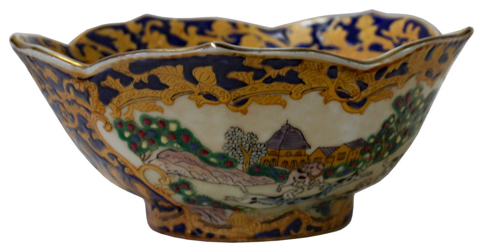 Chinese Oriental Porcelain People & Domino Puppy Bowl Container Hws785
