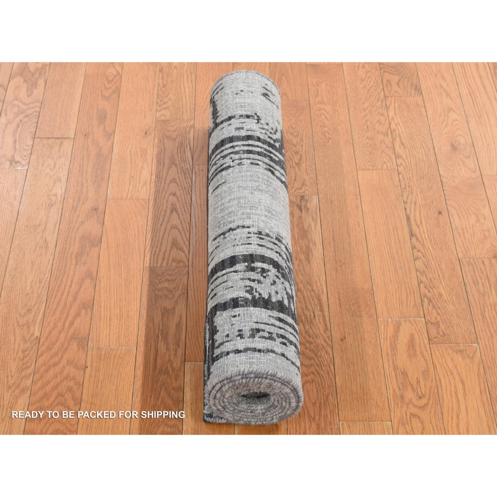 Cloud Gray The Cane Design Silk With Wool Hand Knotted Runner Rug, 2'7"x8'