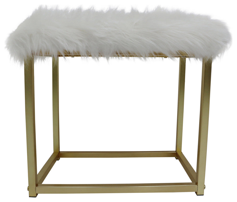 ACME Adao Vanity Mirror and Stool, Faux Fur, Mirror, Black and Brass Finish