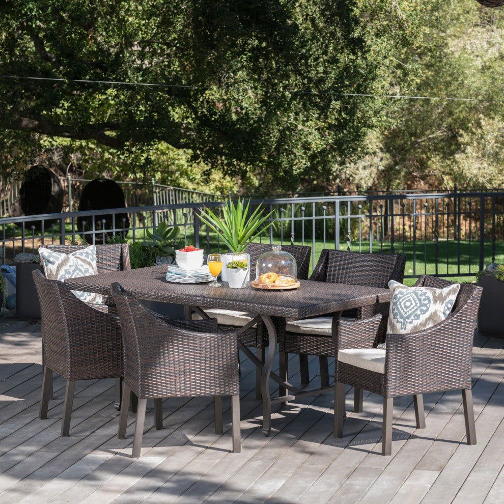 GDF Studio 7-Piece Azore Outdoor Wicker Dining Set With Aluminum Dining Table