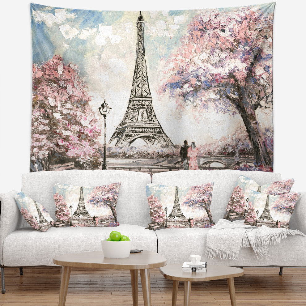 Eiffel with Pink Flowers Landscape Wall Tapestry, 92"x78"