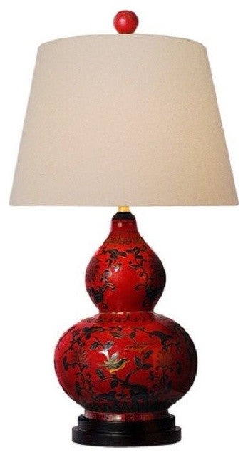 Chinese Red Lacquer Porcelain Gourd Vase Table Lamp Shade and Finial 24"