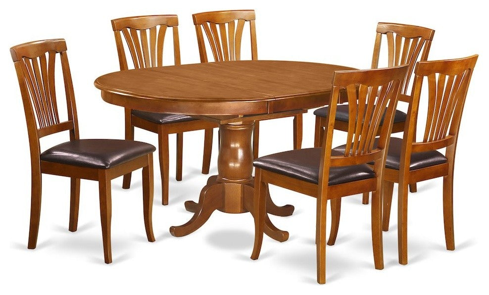 7-Piece Set Portland Kitchen Table With Leaf and 6 Leather Chairs, Saddle Brown
