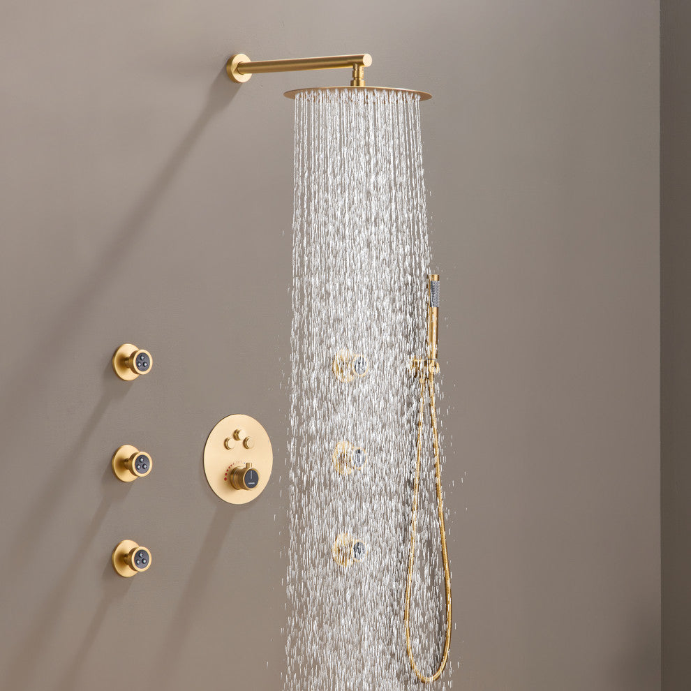 12" Luxury Rainfall Shower System with 3 Way Thermostatic Faucet, Brushed Gold