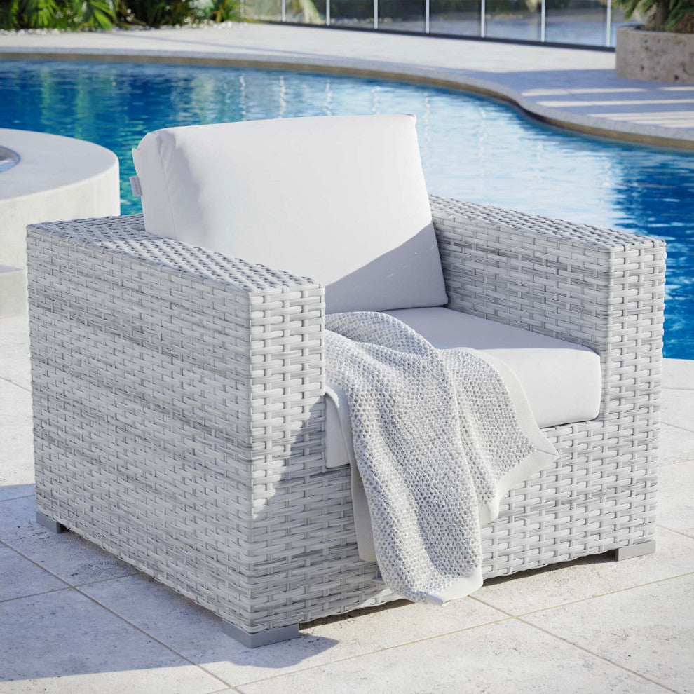 Lounge Chair Armchair, Rattan, Wicker, Gray White, Modern, Outdoor Patio