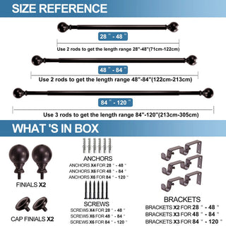 Ball Adjustable Double Curtain Rod Set, 5/8", Bronze, 48"-84"