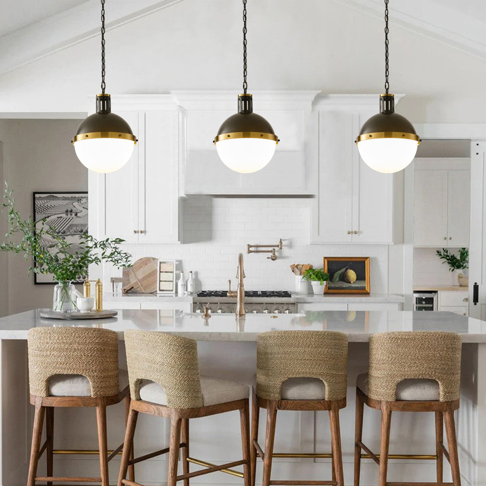 13-Inch Matte Black Globe Pendant Light with Half Opal Glass Shade