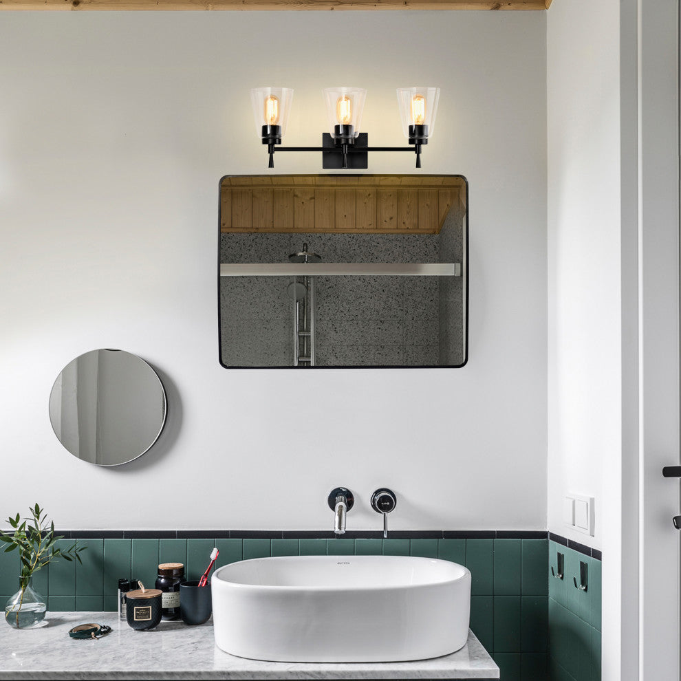 21 in. 3-Light Matte Black Vanity Light With Clear Glass Cone Shades