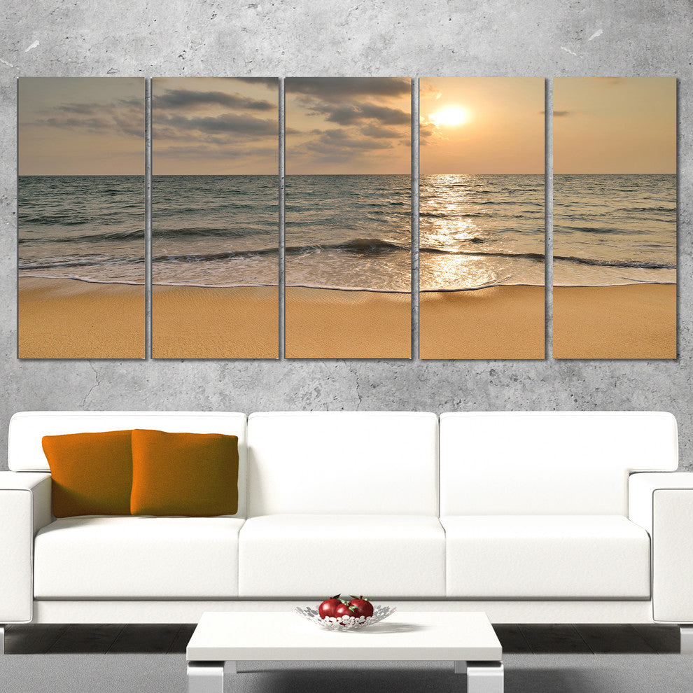 "Dark Tropical Sand Beach At Sunset" Modern Seascape Wall Art, 5 Panels, 60"x28"