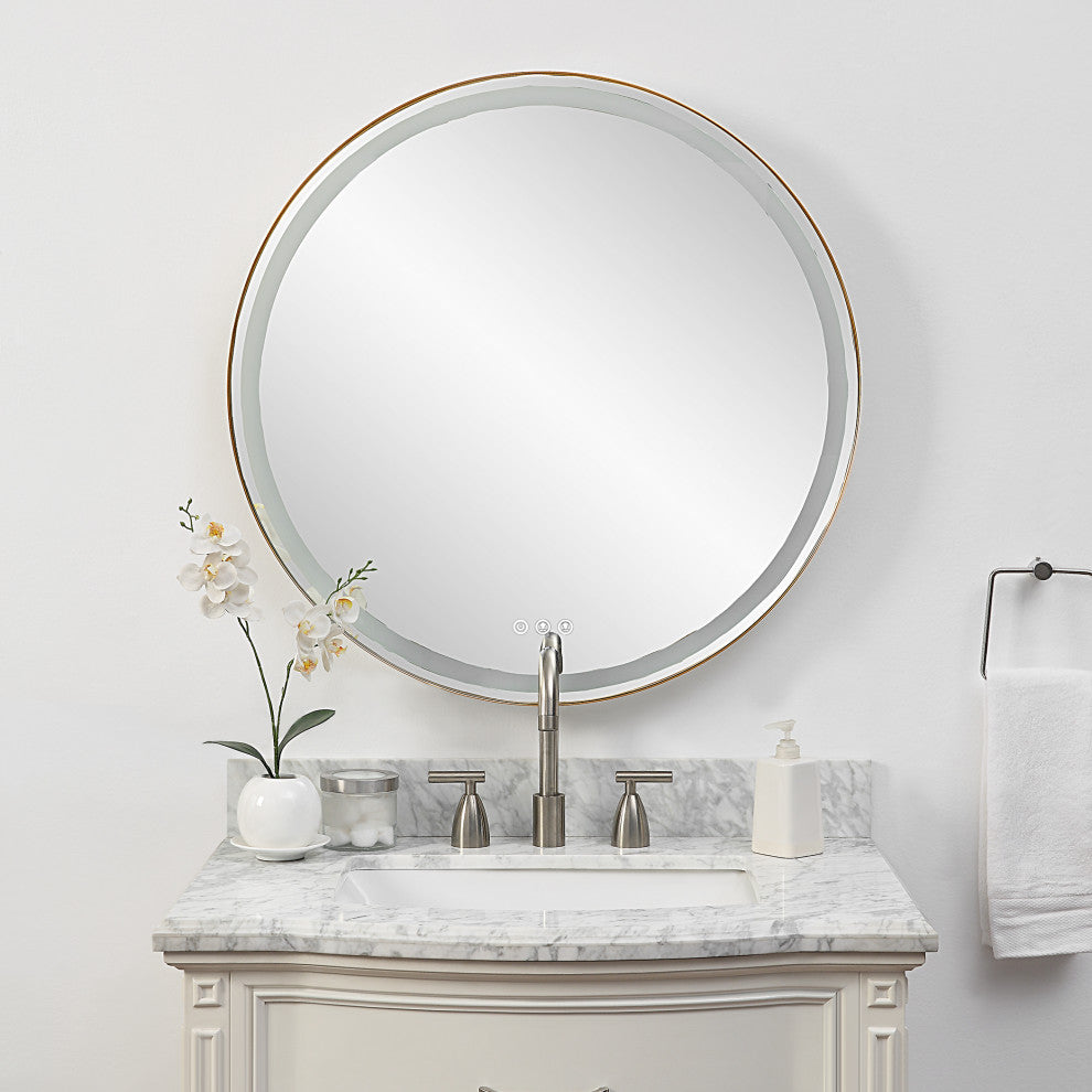 Crofton Lighted Brass Round Mirror