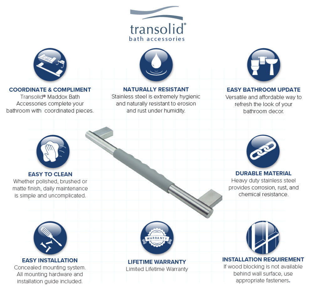 Transolid Maddox 18-inch Grab Bar with Grey Rubber Handle, Brushed Stainless