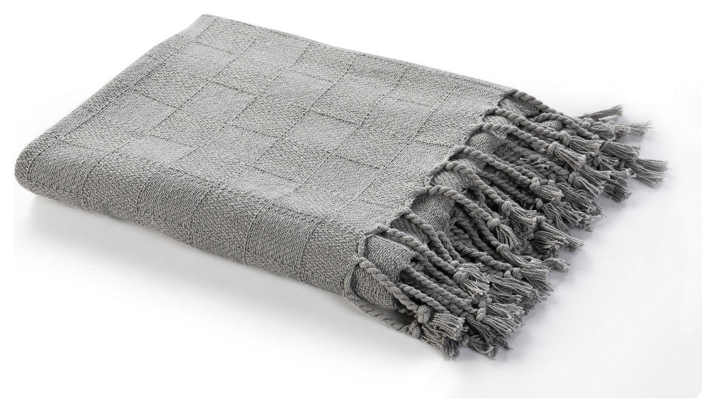 Checkered Weave Throw Blanket with Fringe, Light Gray