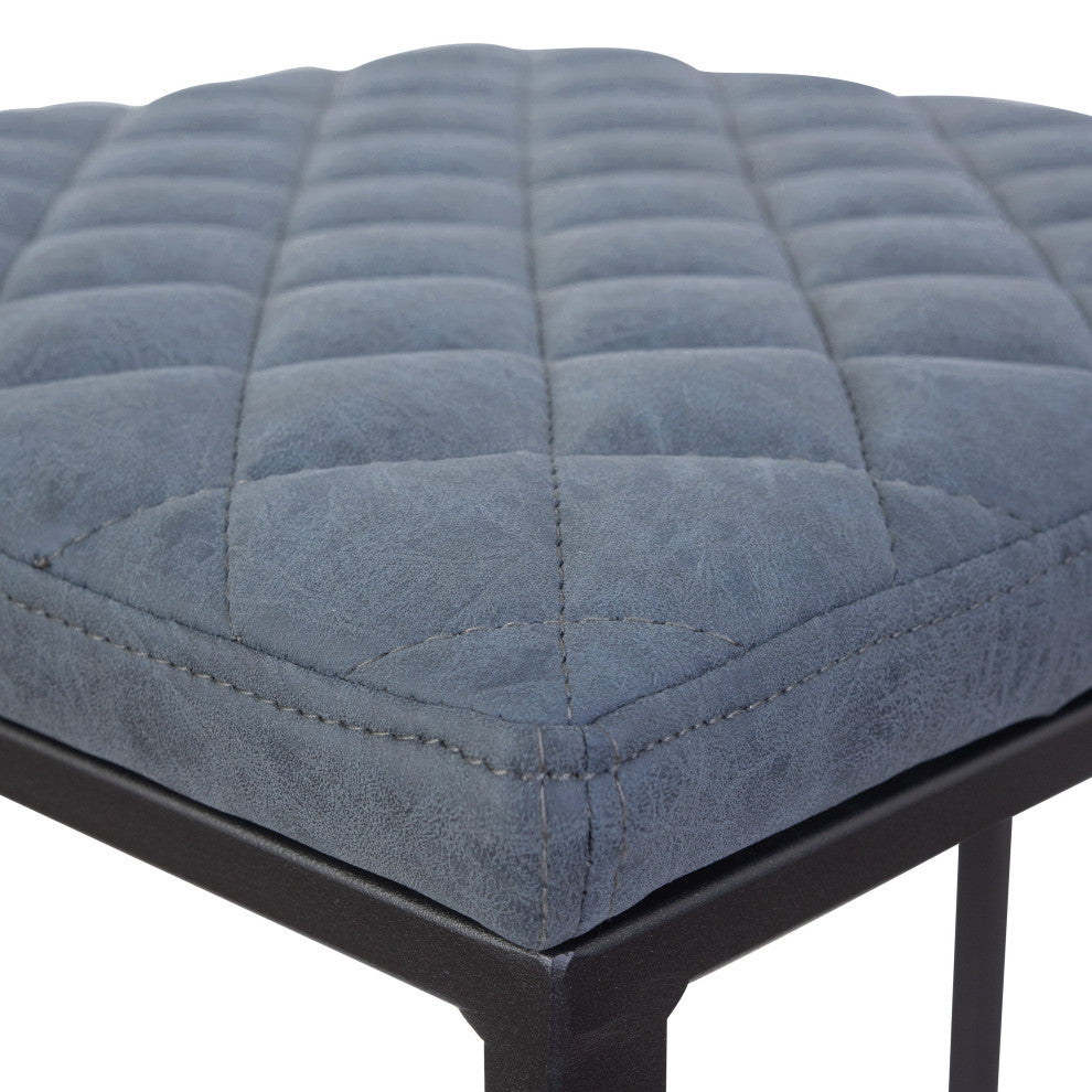 Quincy Square Barstool with Leather Seats and Metal Frame with Footrest, Peacock Blue