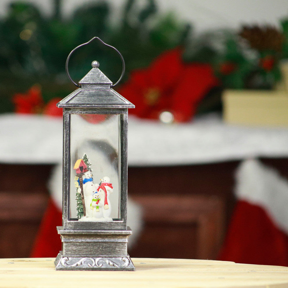 11"H Indoor Lantern Snowman Snow Globe Holiday Decoration with LED Light, Silver