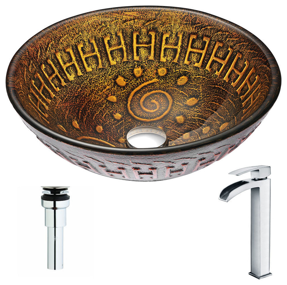 ANZZI Opus Series Deco-Glass Vessel Sink with Key Faucet, Polished Chrome