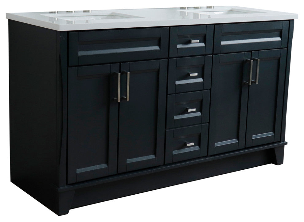 61" Double Vanity, Dark Gray Finish With Engineered Stone Top, Rectangle Sink