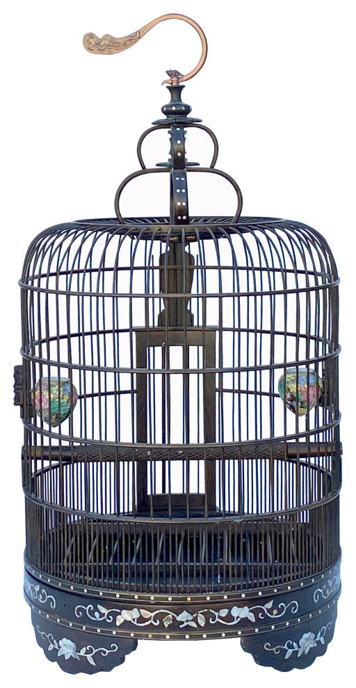 Chinese Tan Rosewood Mother of Pearl Inlay Round Collectable Birdcage Hcs7323