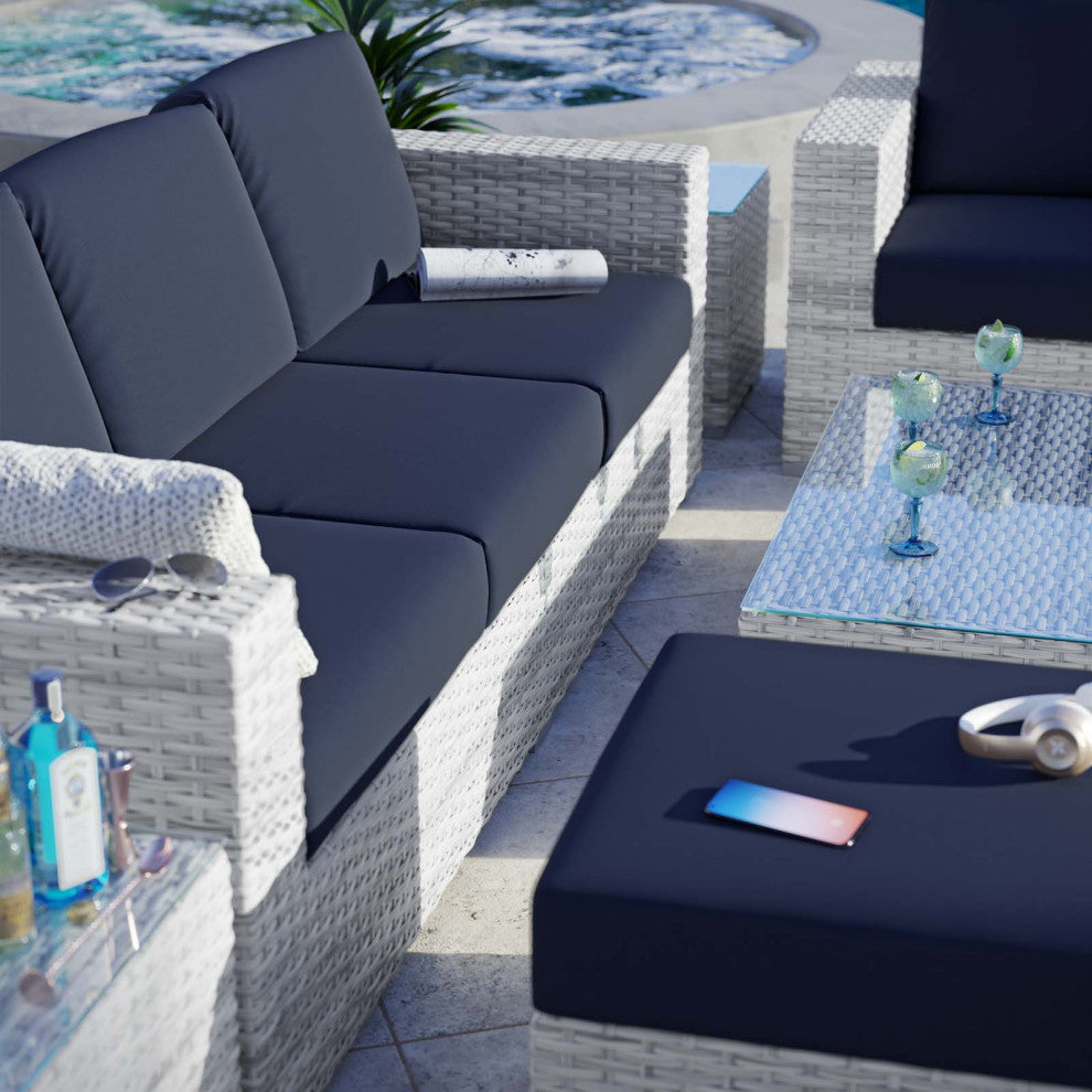 Lounge Sectional Sofa Chair Set, Rattan, Wicker, Gray Blue Navy, Outdoor