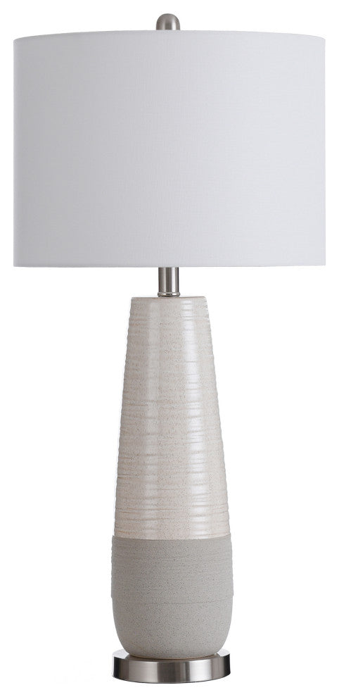 Slightly Tapered Two Tone Round Ceramic Lamp, Brushed Silver Base