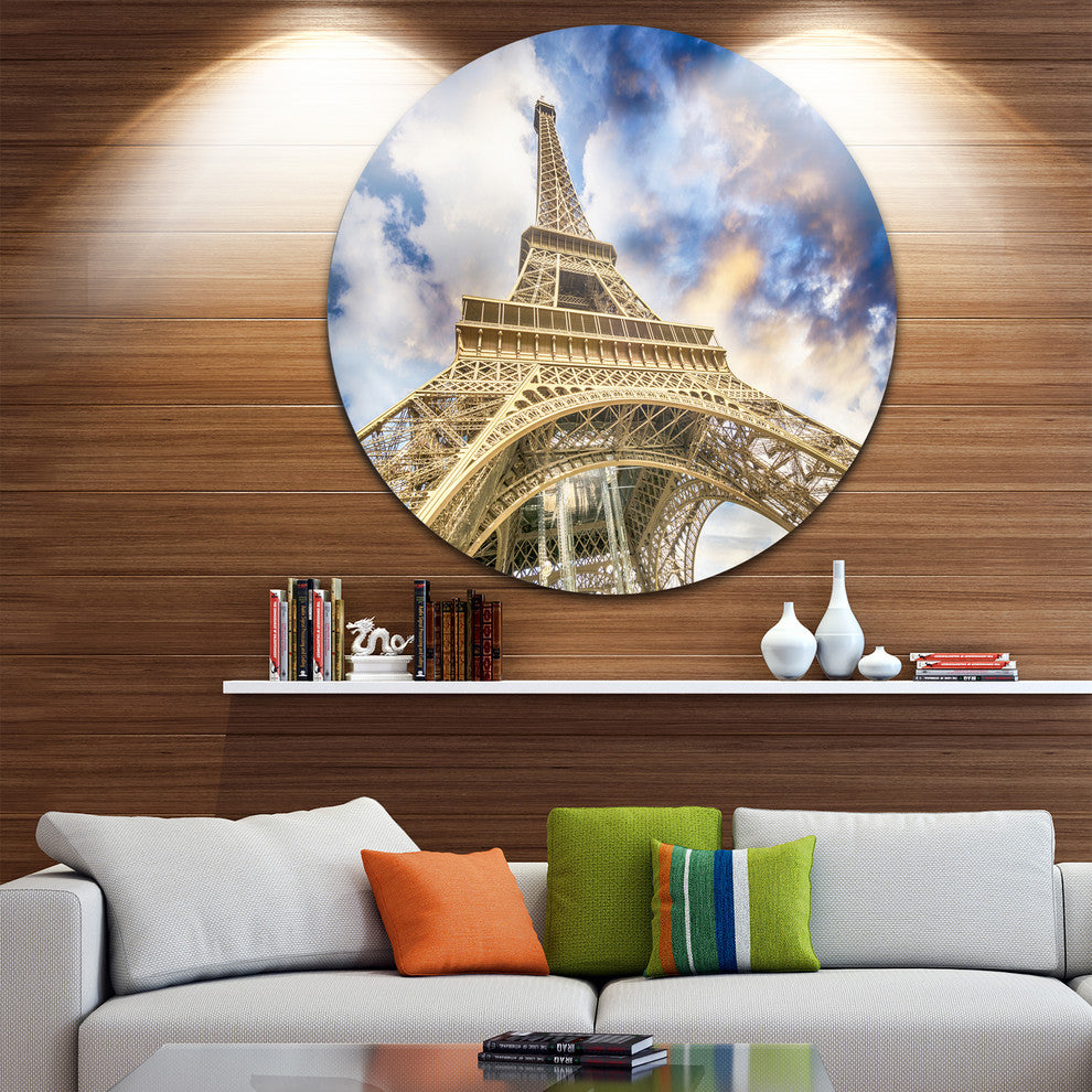Dramatic Sky Over Ground View Paris Eiffel Tower, Round Wall Art, 11"