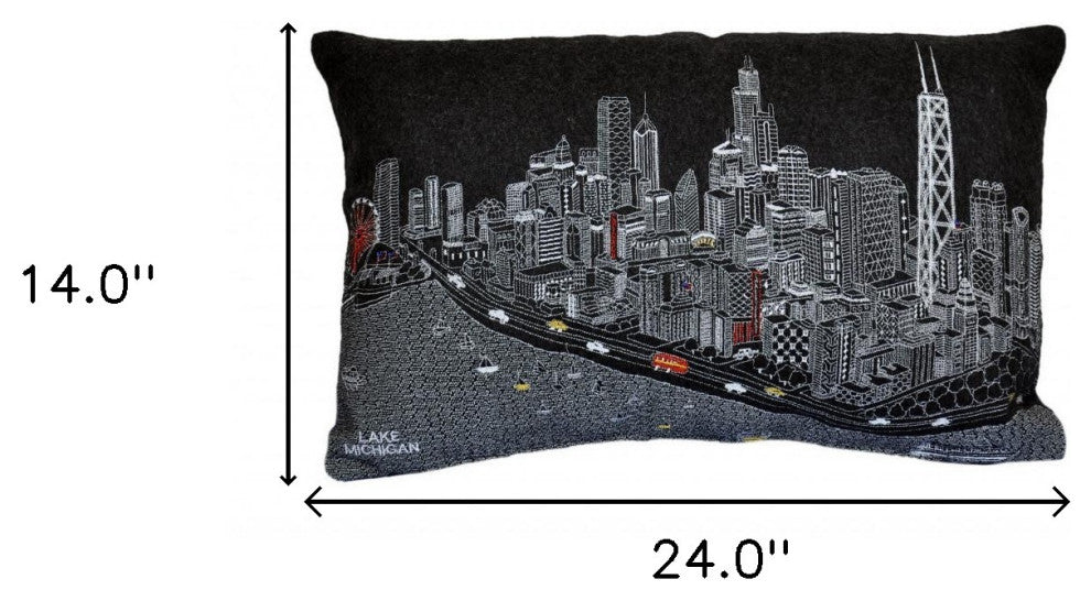 25" Black Chicago Nighttime Skyline Lumbar Decorative Pillow