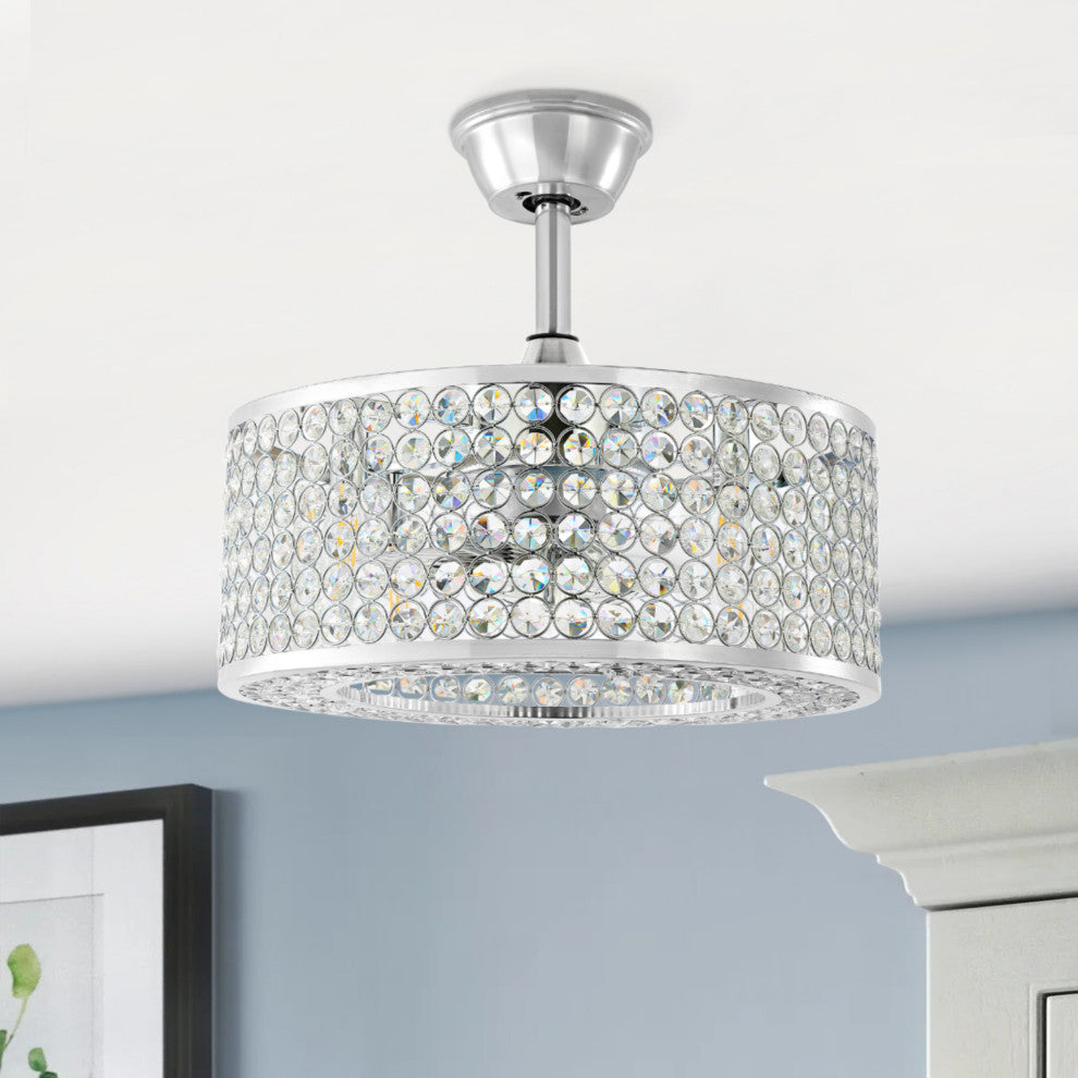 18" Caged Crystal Ceiling Fan with Light Kit and Remote Control, Chrome