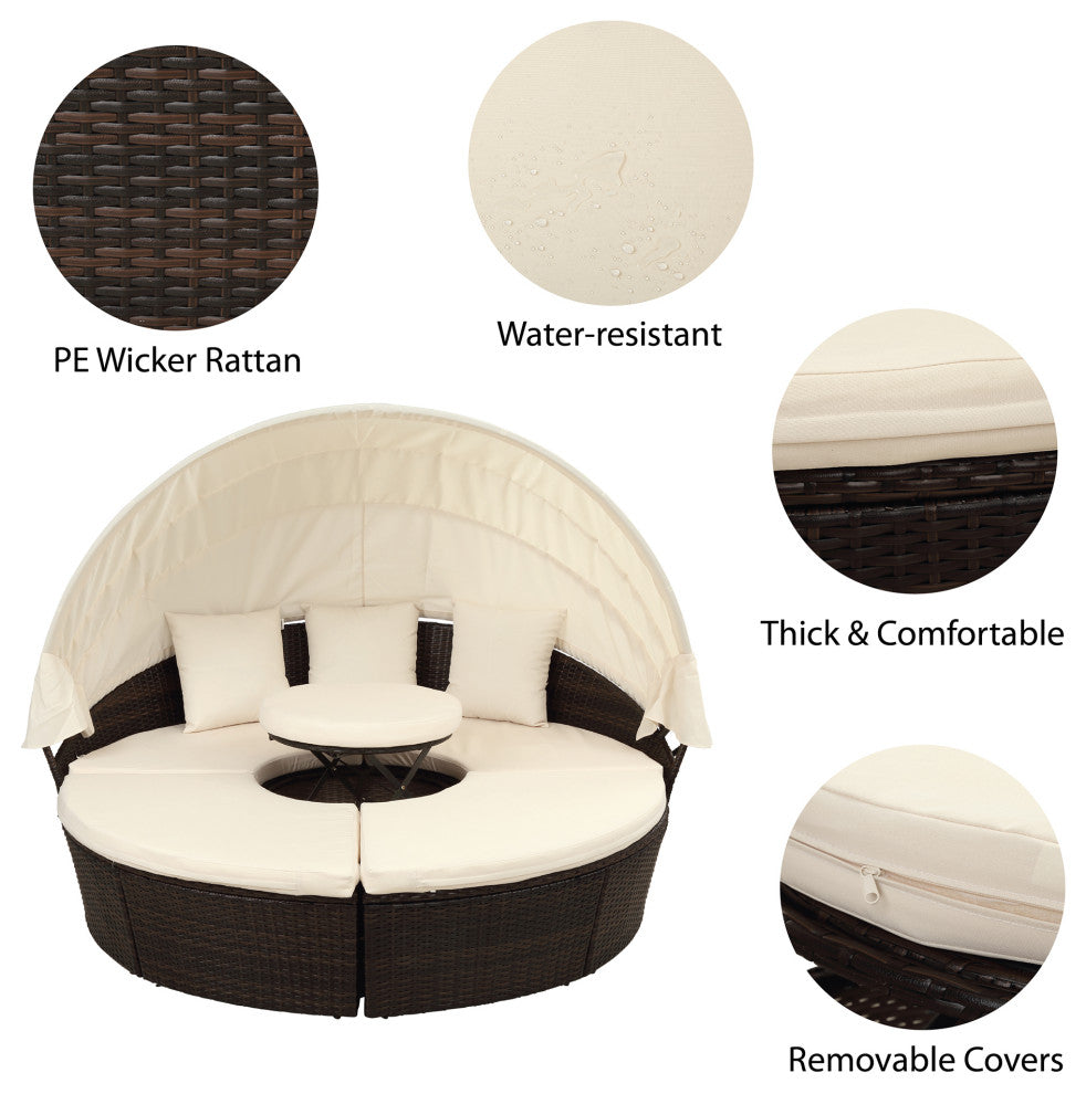 Round Outdoor Sectional Sofa Set Rattan Patio Daybed With Canopy, Beige