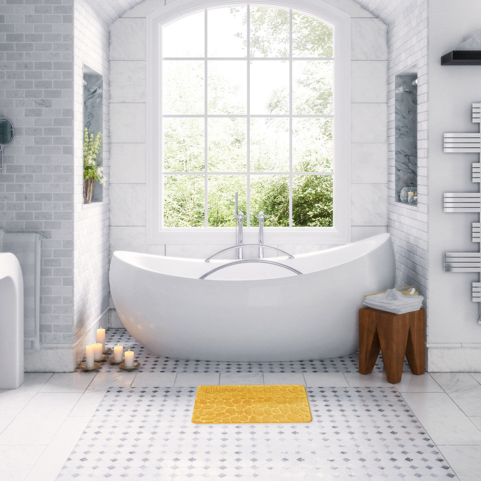 Bathroom Rug Memory Foam Mat 3D Pebble , Yellow Mustard, 32" X 20"