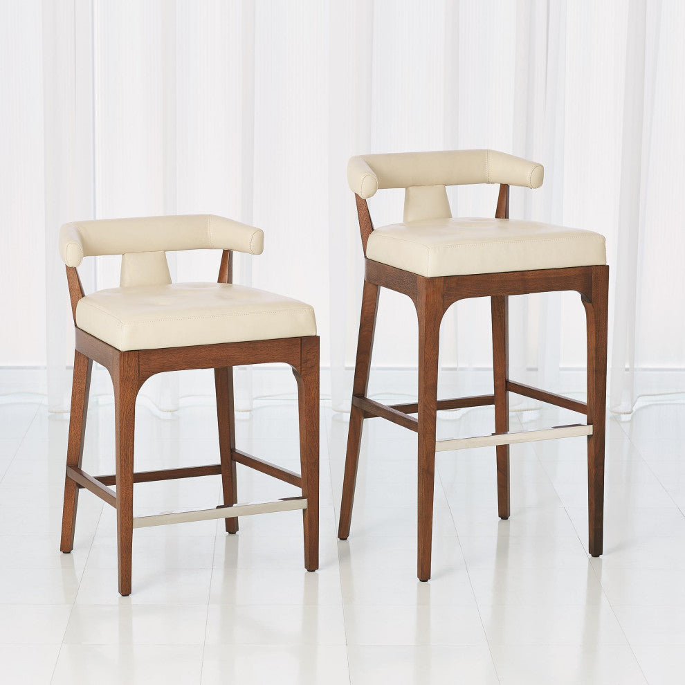 Luxe Sleek Contemporary Ivory Leather Bar Stool 32" Open T Back Walnut Wood
