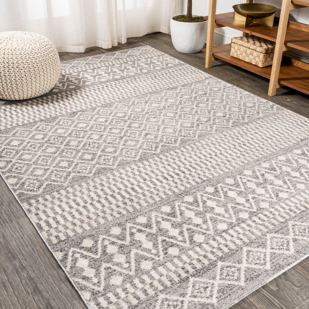 Ifrane Berber Geometric Stripe Runner Rug, Gray/Cream, 5x8