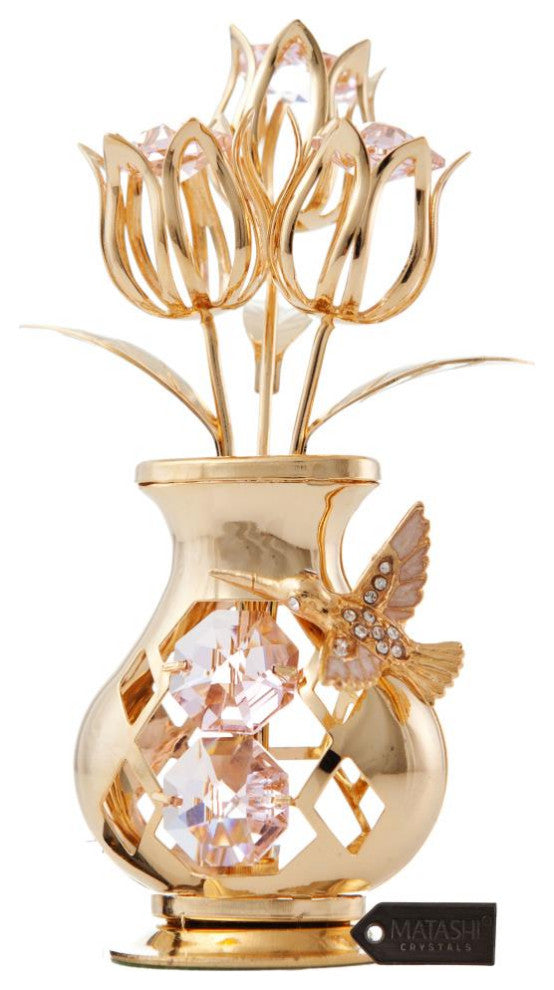 24K Gold Plated Crystal Studded Flower With Hummingbird Ornament, Pink Crystals