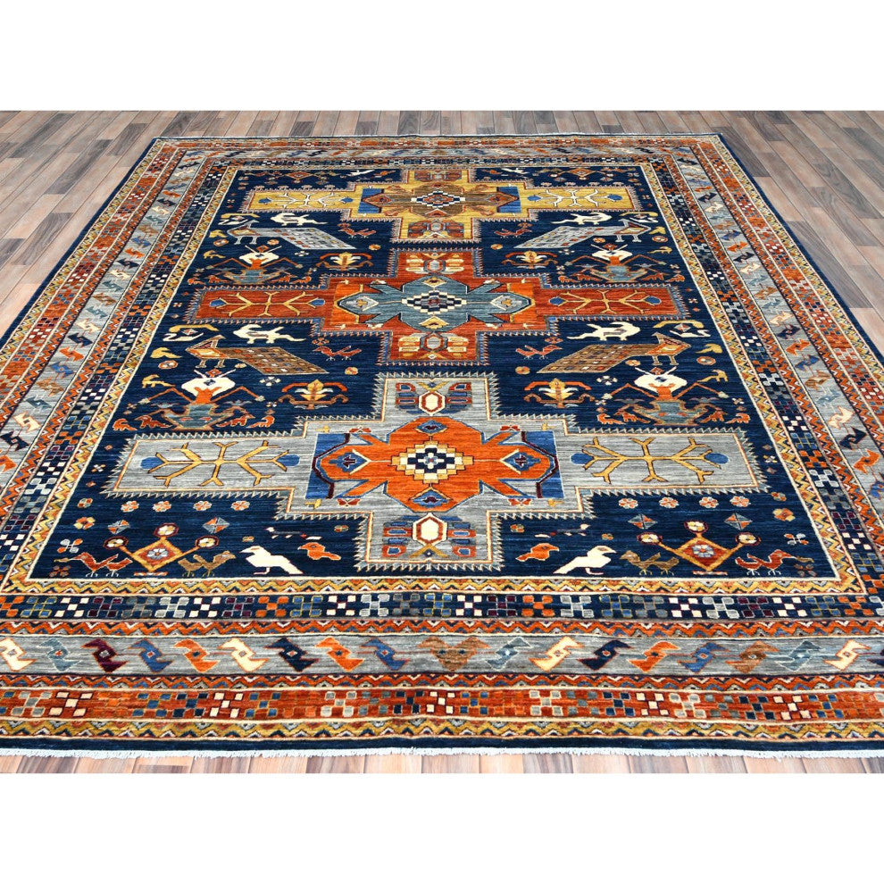 Navy Blue, Wool Hand Knotted, Armenian Inspired Design 200 KPSI Rug, 8'4"x9'7"