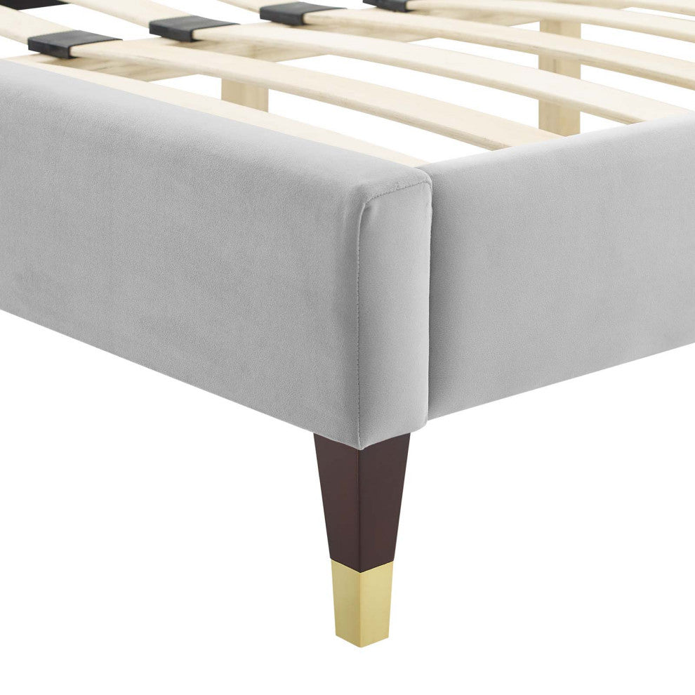 Tufted Platform Bed Frame, Queen Size, Velvet, Gray, Modern Contemporary