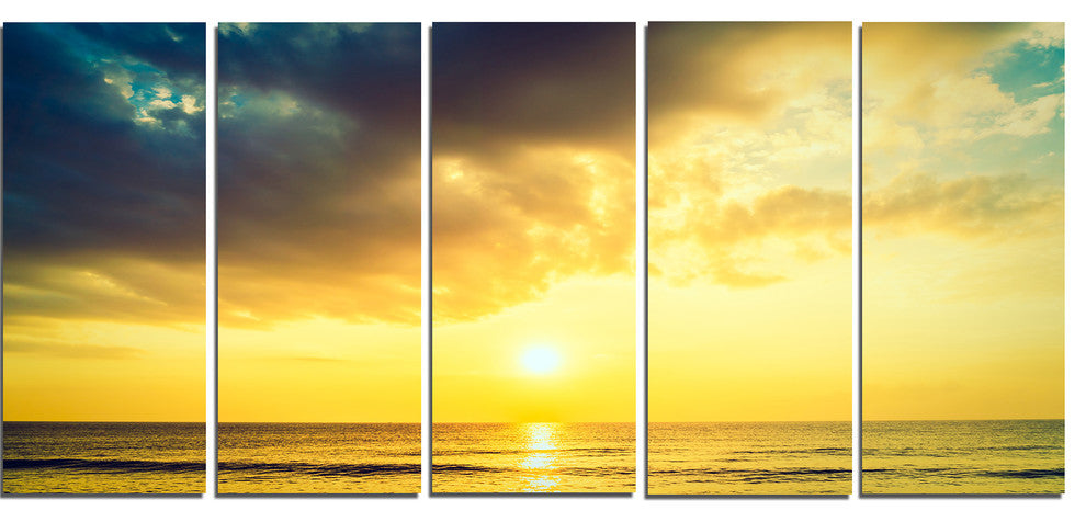 "Yellowish Sky Over Serene Seashore" Seashore Canvas Wall Art, 5 Panels, 60"x28"