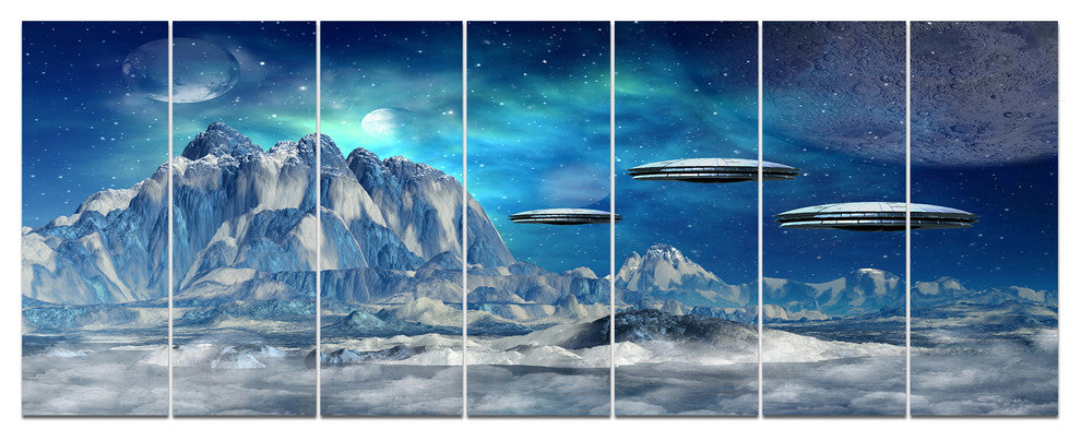 Blue Alien Planet, Landscape Canvas Art Print, 83"x32", 7 Panels