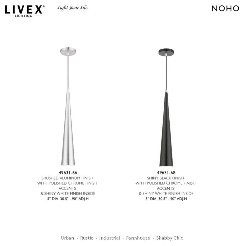 Andes 1 Light Shiny Black With Polished Chrome Accents Single Tall Pendant