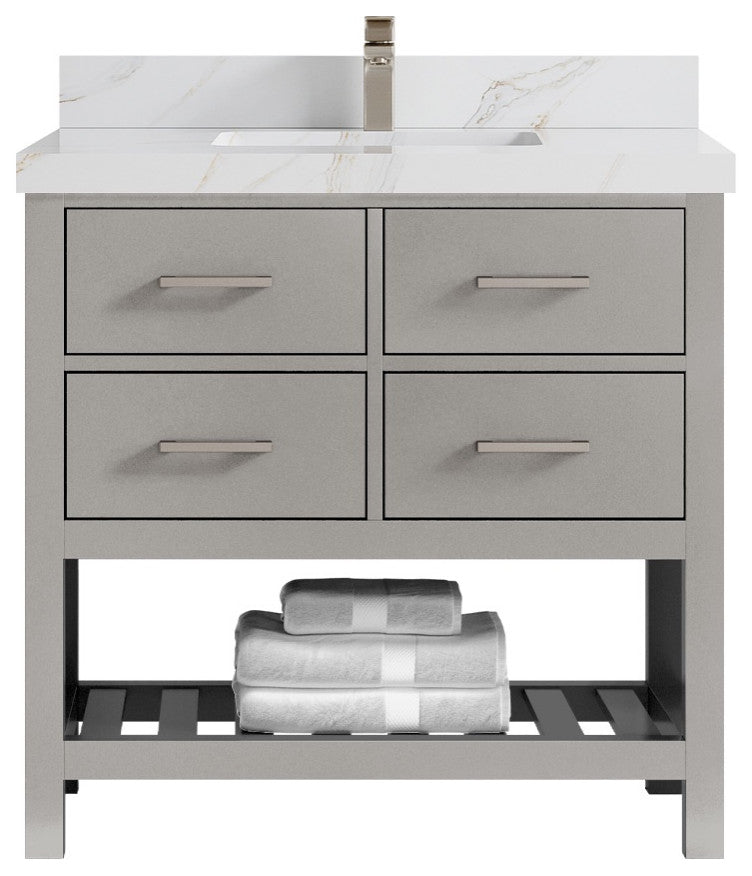 Parker 36" Single Sink Bath Vanity, Elephant Skin Gray 2" Calacatta Sienna
