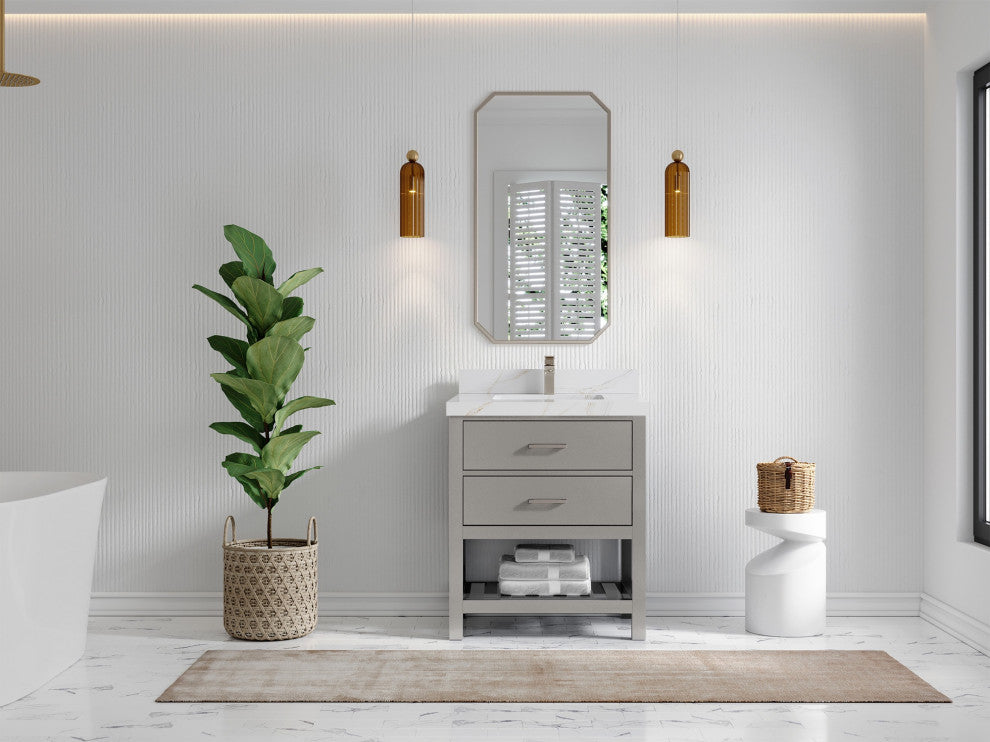 Parker 30" Single Sink Bath Vanity, Elephant Skin Gray 2" Calacatta Sienna