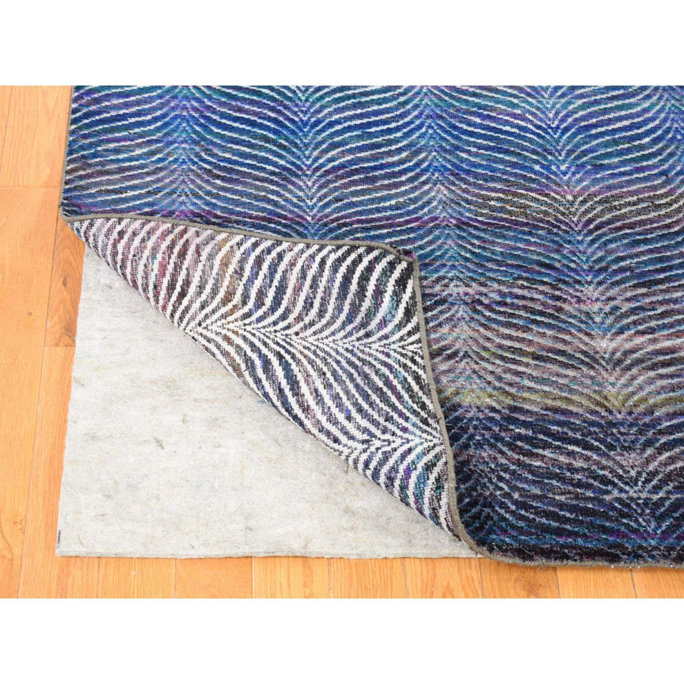 Colorful Modern Leaf Design Silk and Wool Hand Knotted Oriental Rug, 9'1"x12'3"