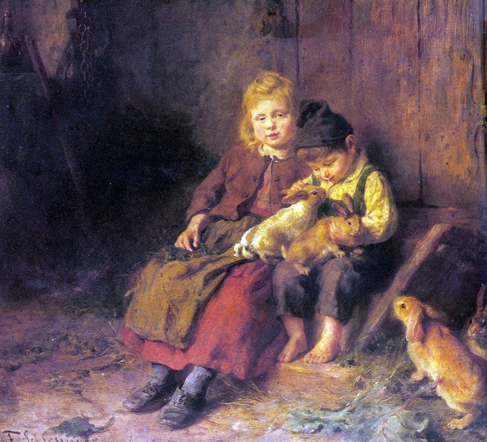 Felix Schlesinger Two Children Playing With Rabbits Wall Decal