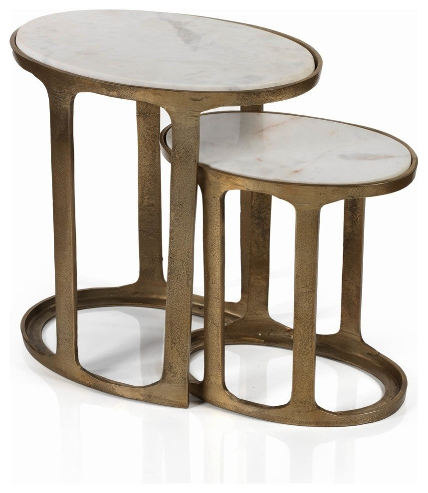 "Nikki" 2-Piece Aluminum Nesting Table Set, Oval Shaped with Marble Top