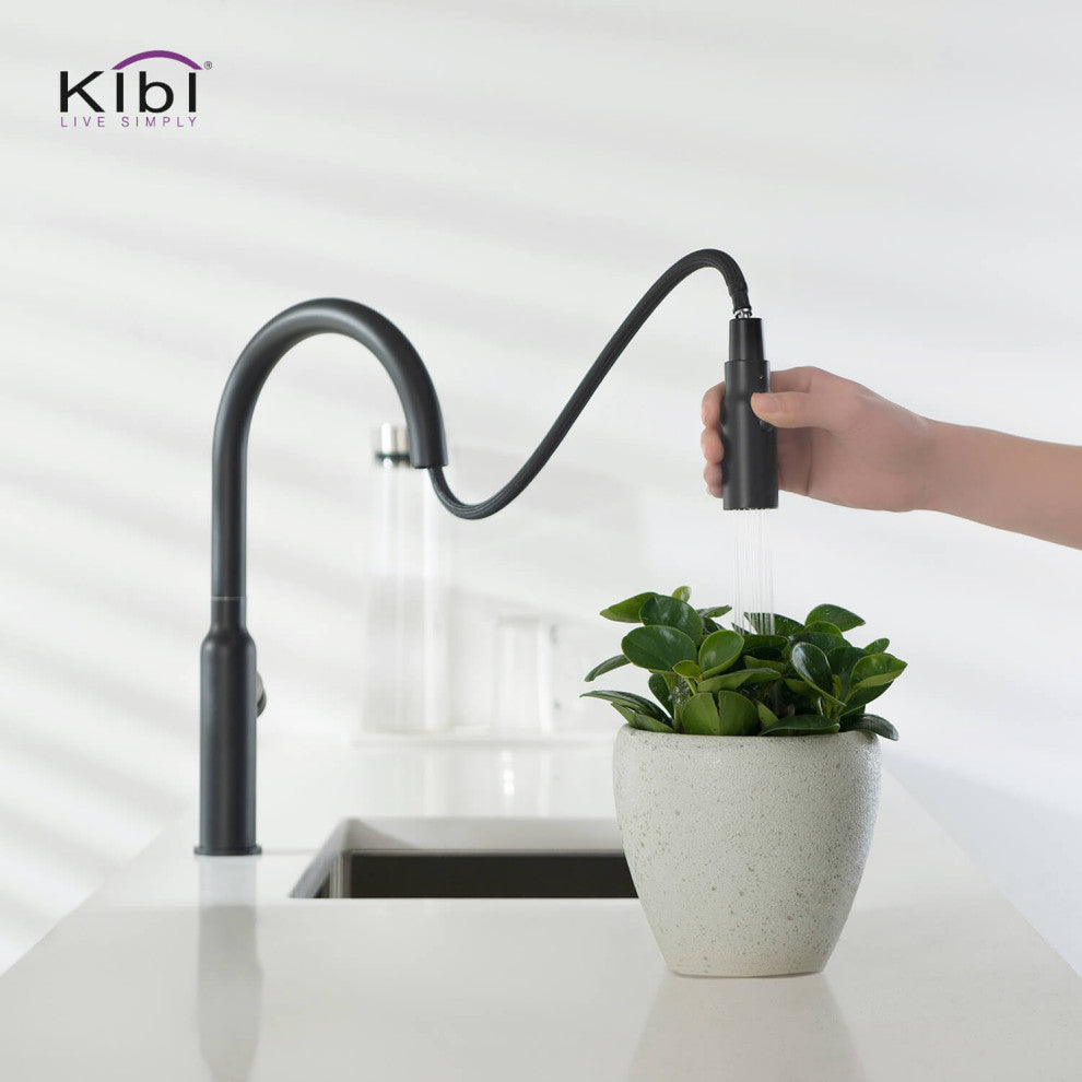 KIBI Hilo Single Handle Pull Down Kitchen Faucet, Matte Black, W/ Soap Dispenser