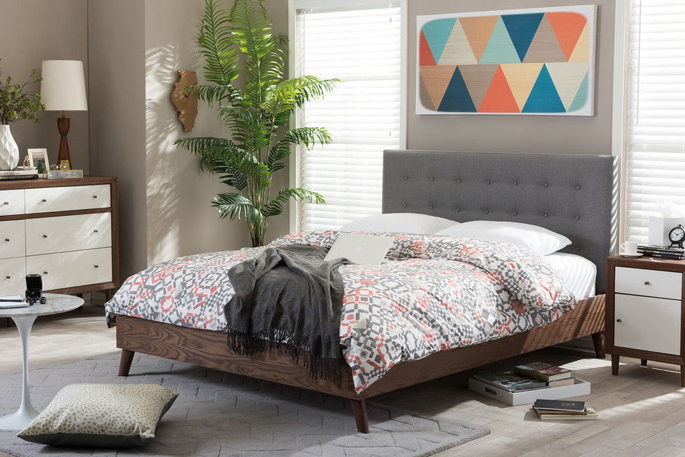 Alinia Mid-Century Gray Fabric Upholstered Walnut Wood Queen Size Platform Bed